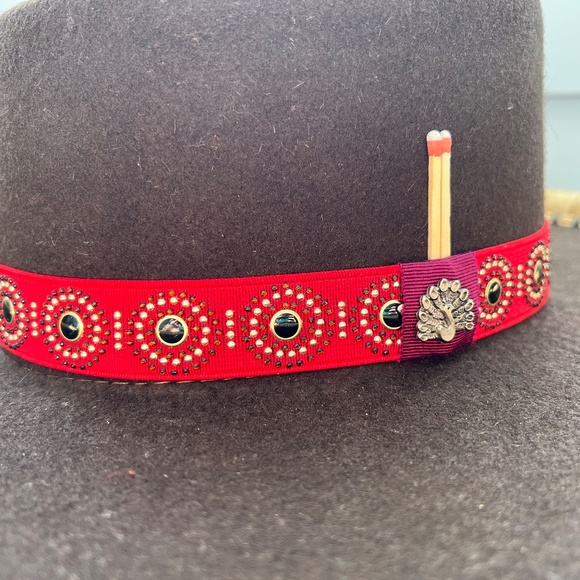 Handmade Wool/Felt Cowboy/Sombrero Hat- Brown/Red Studded Ribbon - Size 57/7 1/8 - Picture 5 of 14